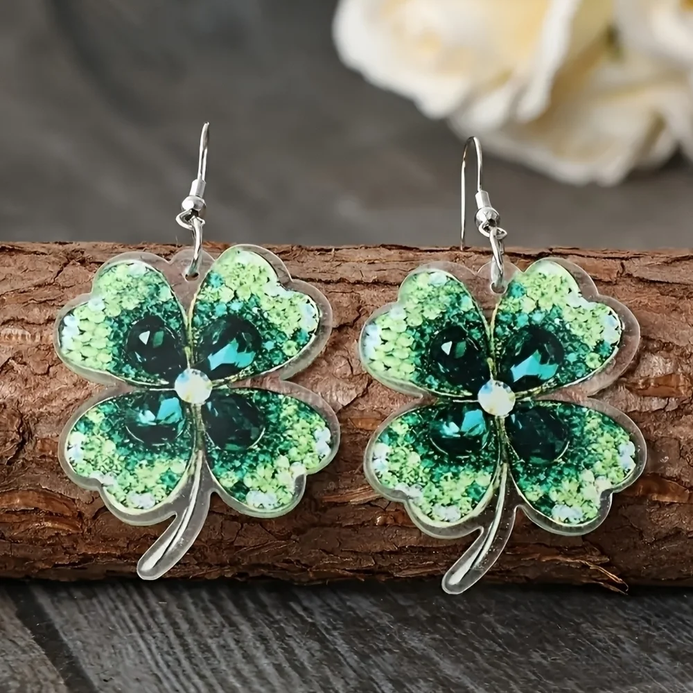 NEW!!!  Green Bling Bling Clover Design Dangle Earrings.